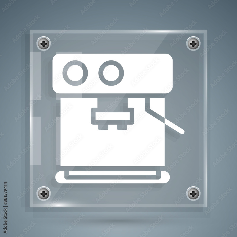 White Coffee machine icon isolated on grey background. Square glass panels. Vector Illustration.