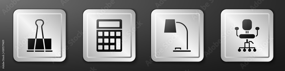 Set Binder clip, Calculator, Table lamp and Office chair icon. Silver square button. Vector.