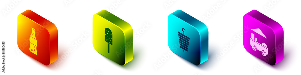 Set Isometric Bottle of water, Ice cream, Grilled shish kebab and Fast street food cart icon. Vector