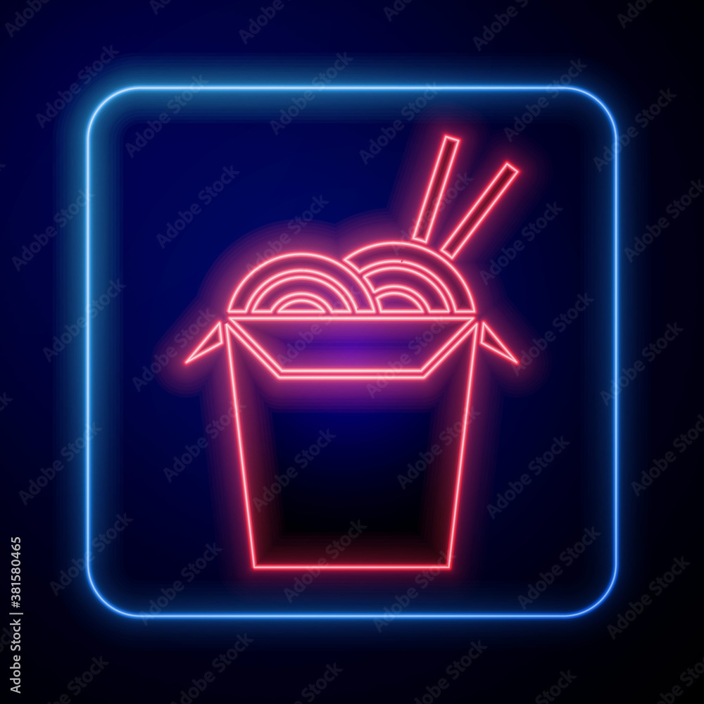 Glowing neon Asian noodles in paper box and chopsticks icon isolated on blue background. Street fast