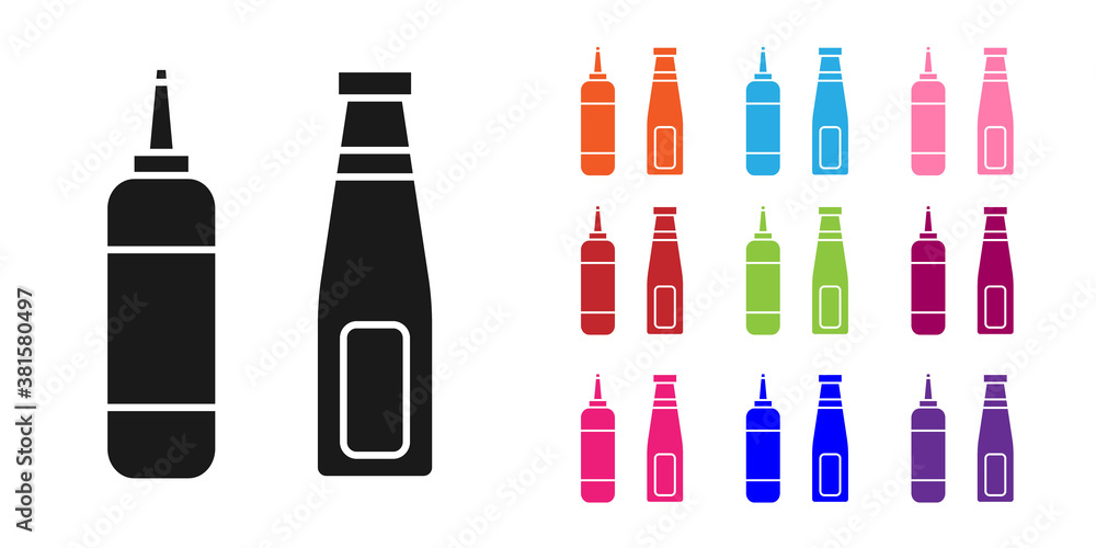 Black Sauce bottle icon isolated on white background. Ketchup, mustard and mayonnaise bottles with s