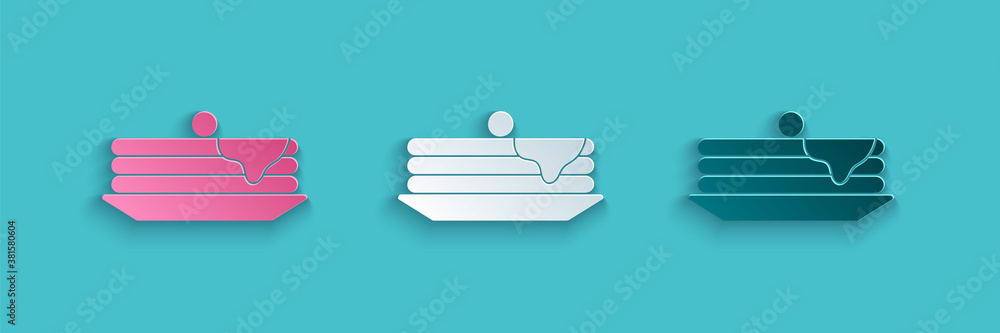 Paper cut Stack of pancakes icon isolated on blue background. Baking with syrup and cherry. Breakfas