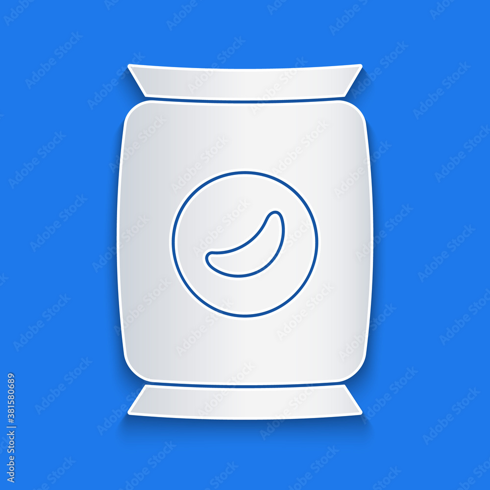 Paper cut Bag or packet potato chips icon isolated on blue background. Paper art style. Vector Illus