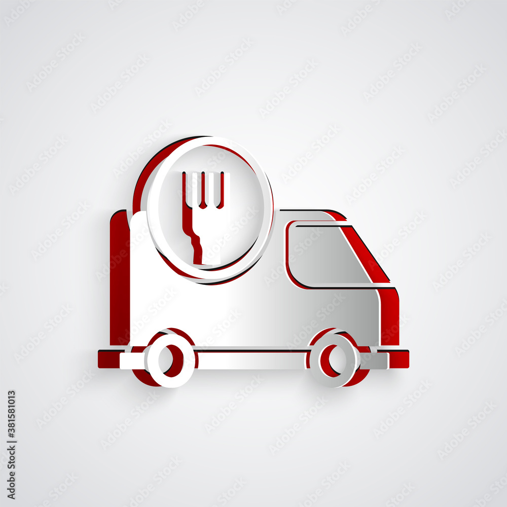 Paper cut Fast round the clock delivery by car icon isolated on grey background. Paper art style. Ve