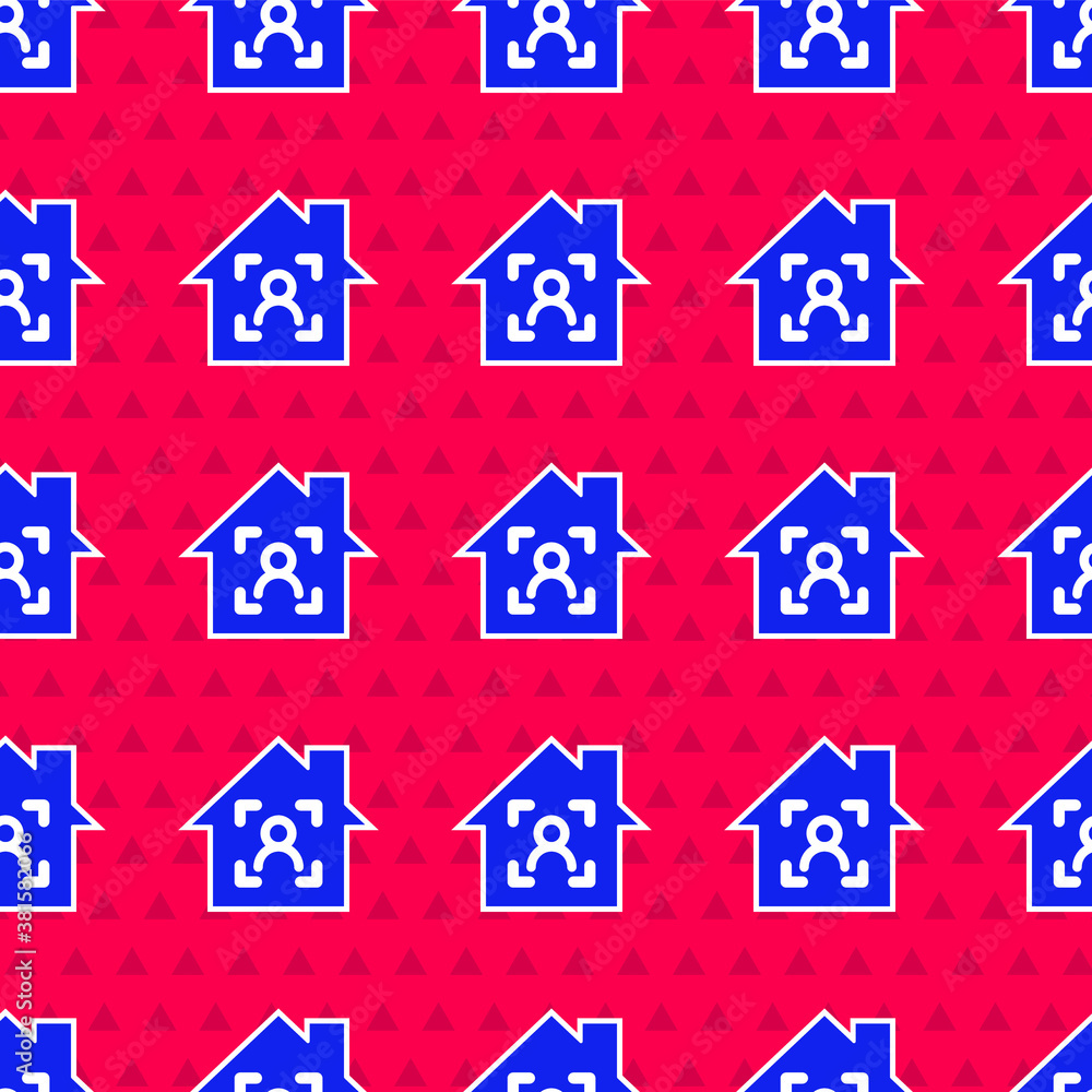 Blue Smart home with face recognition icon isolated seamless pattern on red background. Face identif