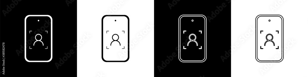 Set Mobile phone and face recognition icon isolated on black and white background. Face identificati