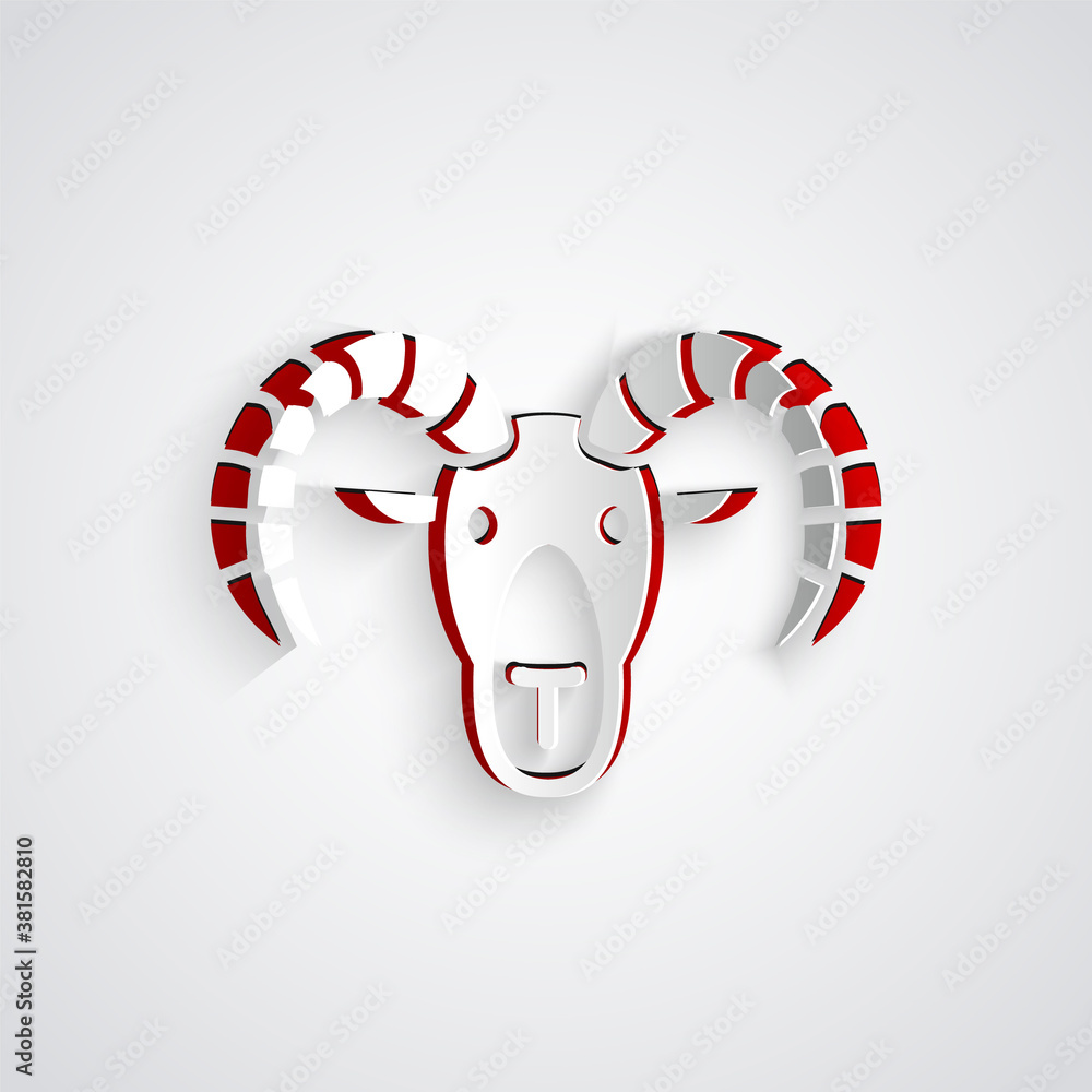 Paper cut Head of goat or ram icon isolated on grey background. Mountain sheep. Animal symbol. Paper