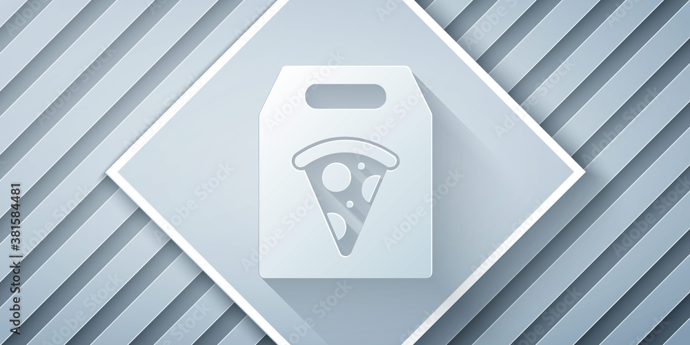 Paper cut Online ordering and fast pizza delivery icon isolated on grey background. Paper art style.