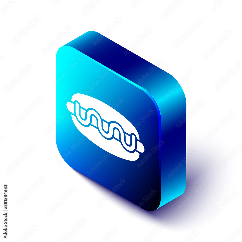 Isometric Hotdog sandwich icon isolated on white background. Sausage icon. Fast food sign. Blue squa