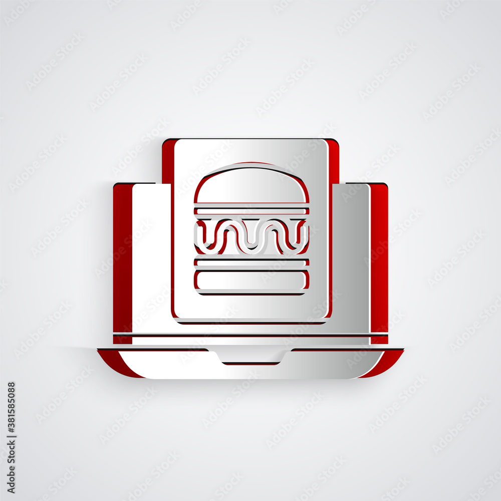 Paper cut Online ordering and burger delivery icon isolated on grey background. Paper art style. Vec