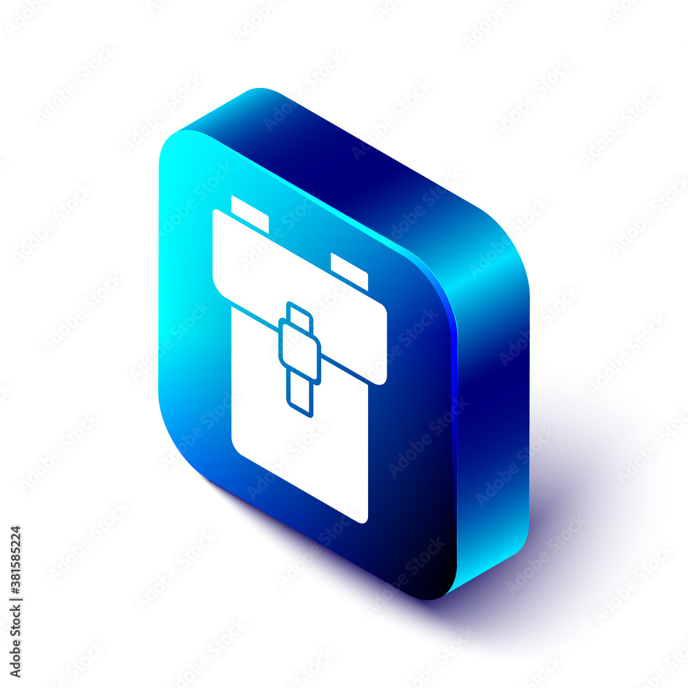 Isometric School backpack icon isolated on white background. Blue square button. Vector.