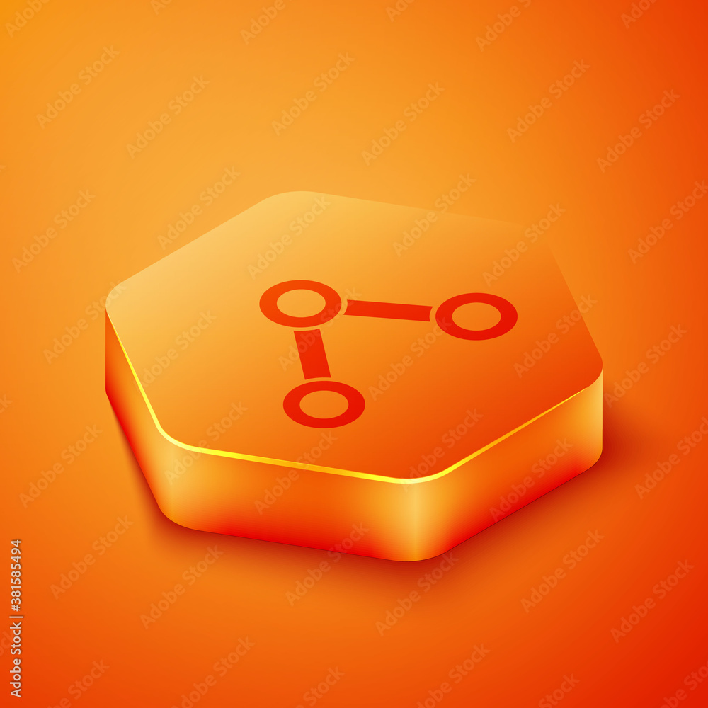 Isometric Molecule icon isolated on orange background. Structure of molecules in chemistry, science 