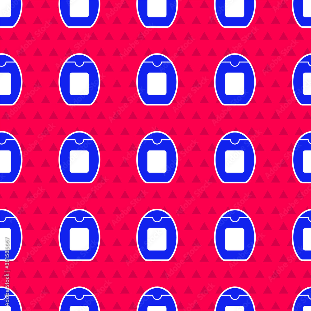 Blue Bottle of shampoo icon isolated seamless pattern on red background. Vector.