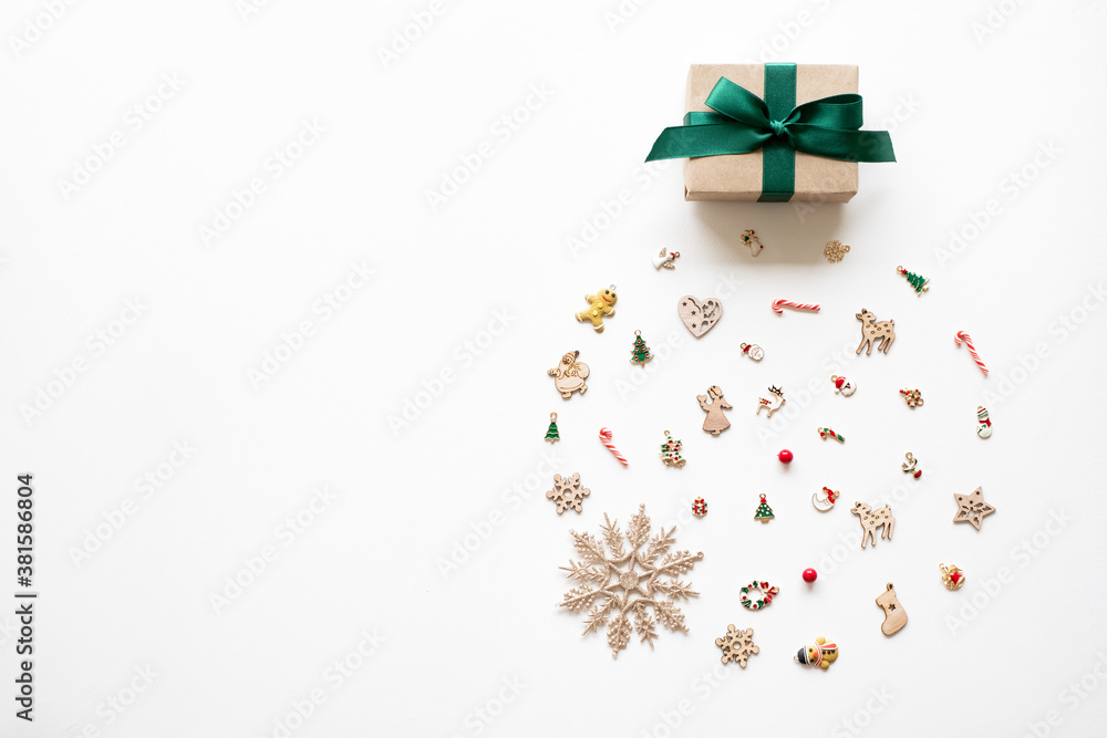 Christmas background, frame with Christmas ball shape and decoration over white background. flat lay