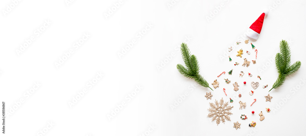 Christmas background, frame with snowman shape and decoration over white background. flatlay copy sp