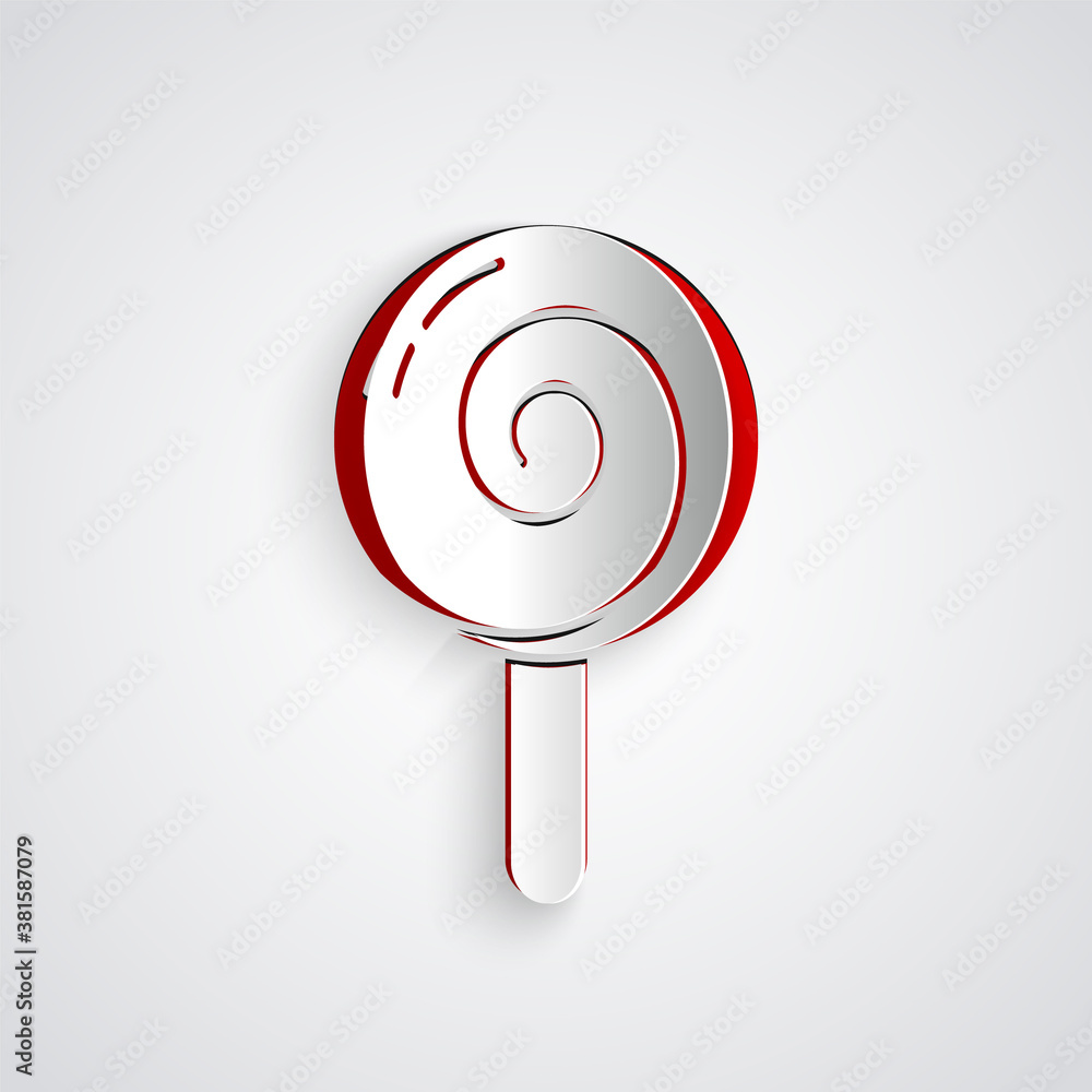 Paper cut Lollipop icon isolated on grey background. Food, delicious symbol. Paper art style. Vector