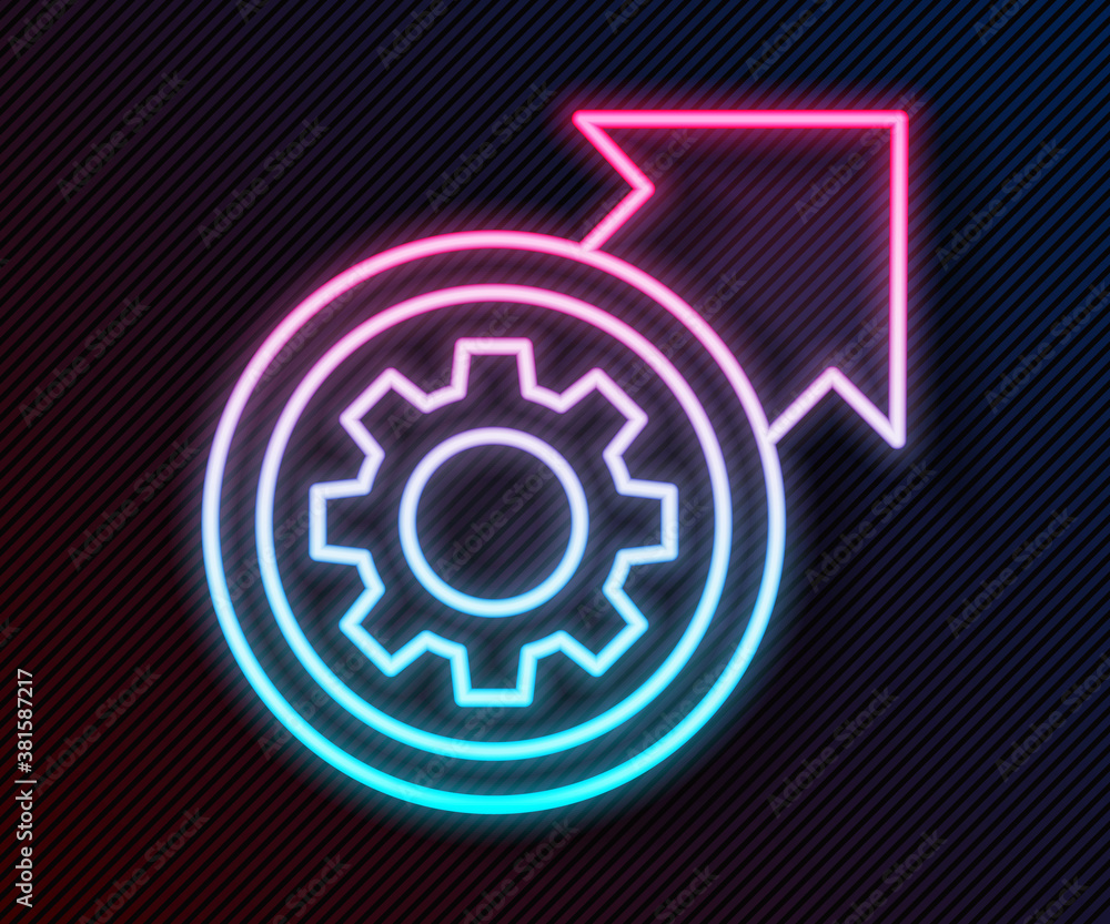 Glowing neon line Gear and arrows as workflow process concept icon isolated on black background. Gea