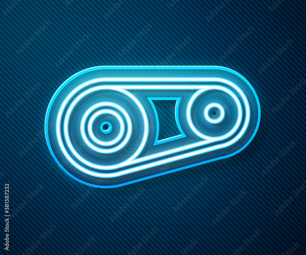 Glowing neon line Timing belt kit icon isolated on blue background. Vector Illustration.