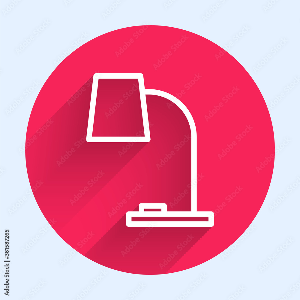 White line Table lamp icon isolated with long shadow. Table office lamp. Red circle button. Vector I