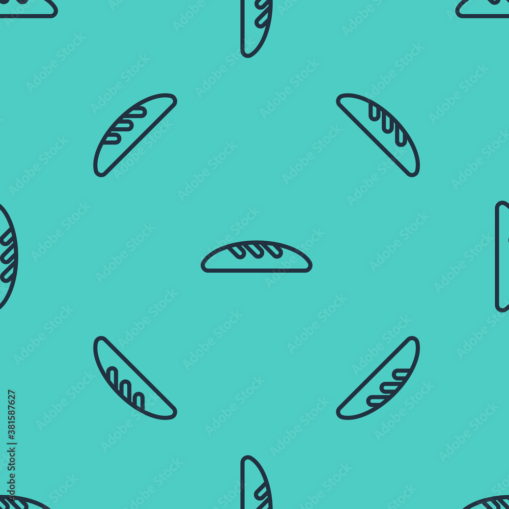 Black line Bread loaf icon isolated seamless pattern on green background. Vector Illustration.