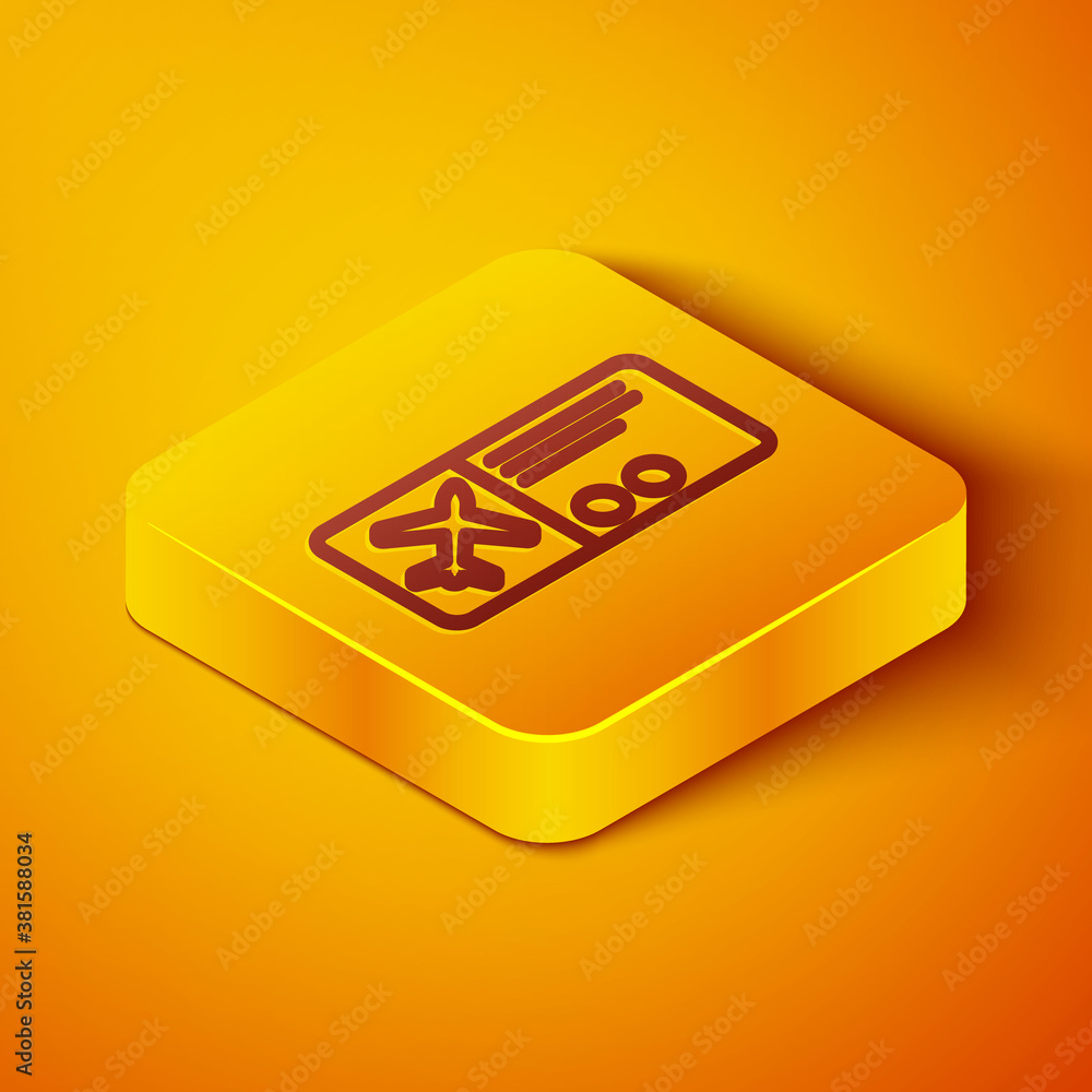 Isometric line Airline ticket icon isolated on orange background. Plane ticket. Yellow square button