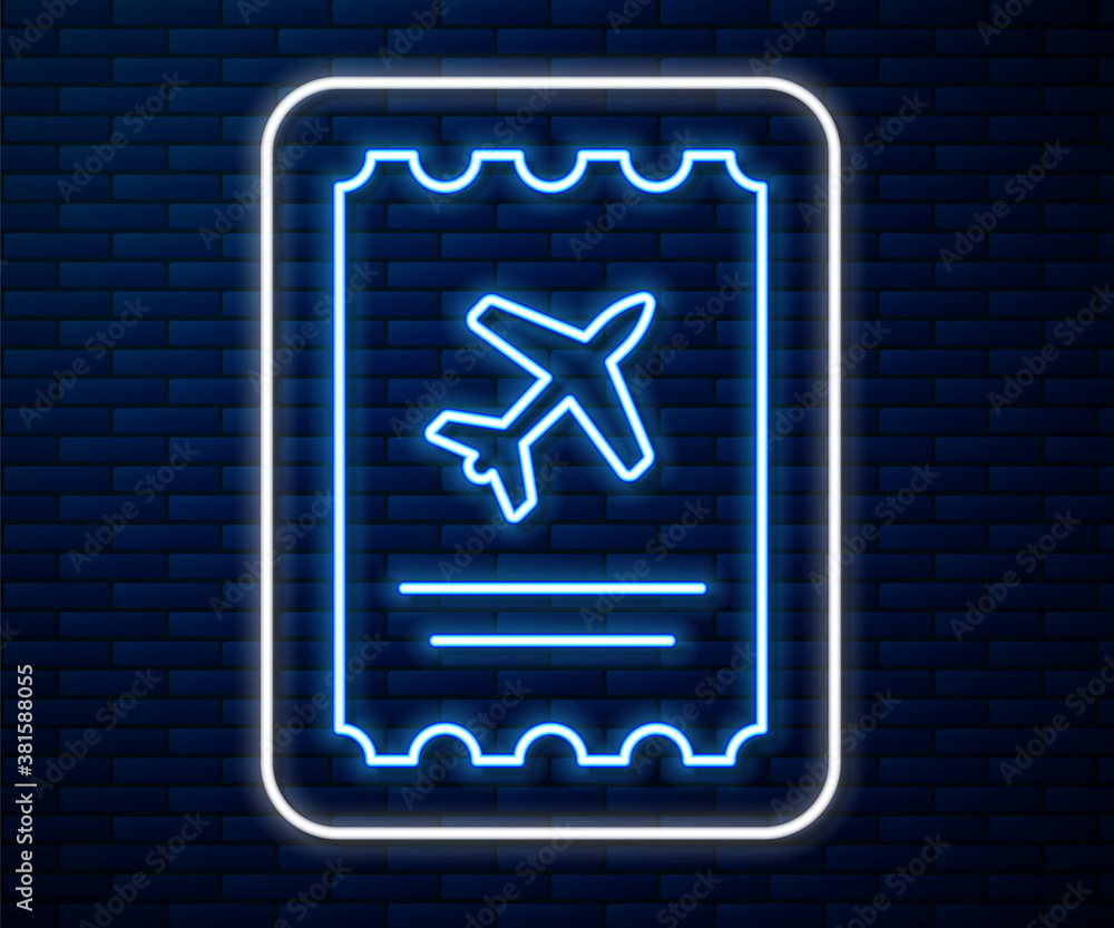 Glowing neon line Airline ticket icon isolated on brick wall background. Plane ticket. Vector Illust