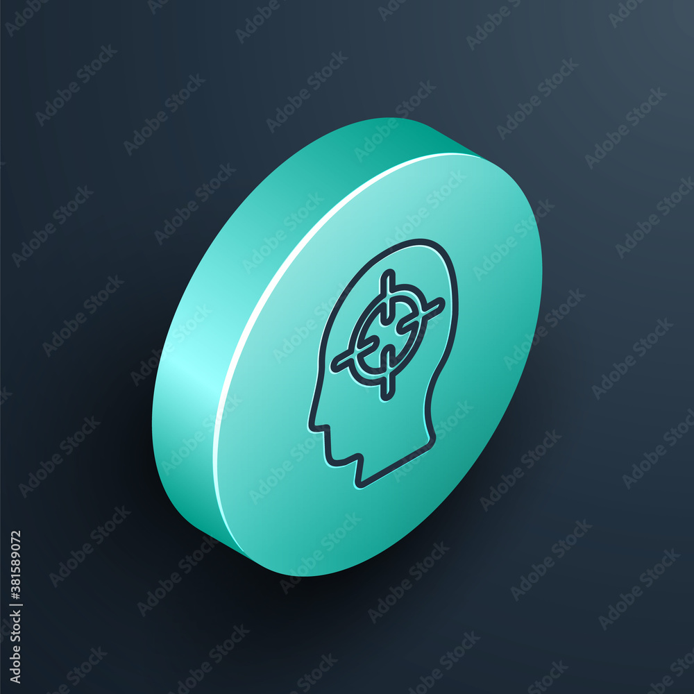 Isometric line Finding a problem in psychology icon isolated on black background. Turquoise circle b