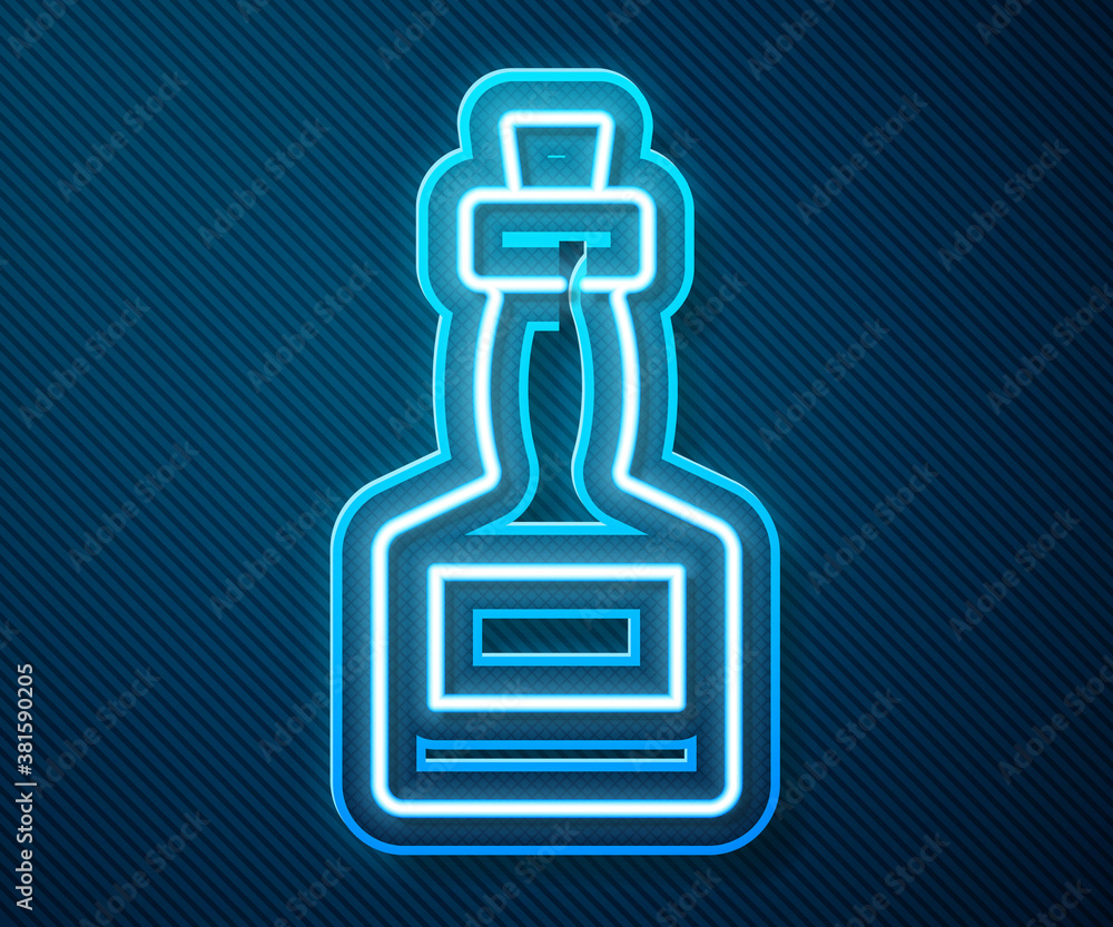 Glowing neon line Tabasco sauce icon isolated on blue background. Chili cayenne spicy pepper sauce. 