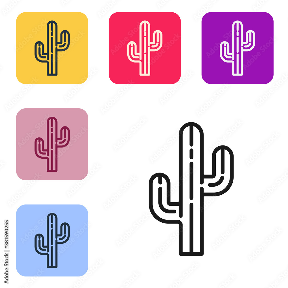 Black line Cactus icon isolated on white background. Set icons in color square buttons. Vector.