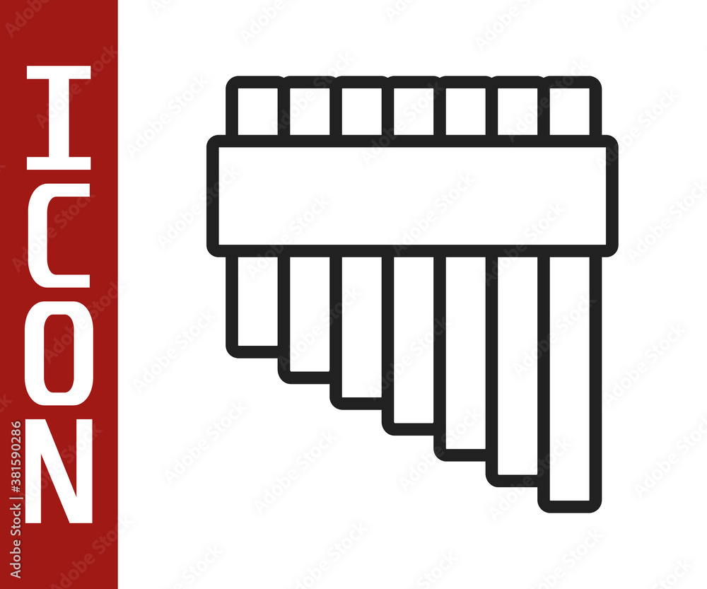 Black line Pan flute icon isolated on white background. Traditional peruvian musical instrument. Zam