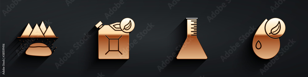设置油田、生物燃料罐、汽油试管和长阴影生物燃料图标。矢量。