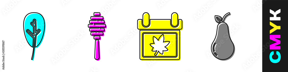 Set Leaf or leaves, Honey dipper stick, Calendar with autumn leaves and Pear icon. Vector.