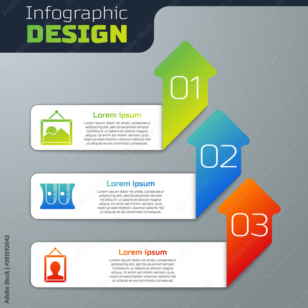 Set Picture landscape, Pencil sharpener and Picture. Business infographic template. Vector.