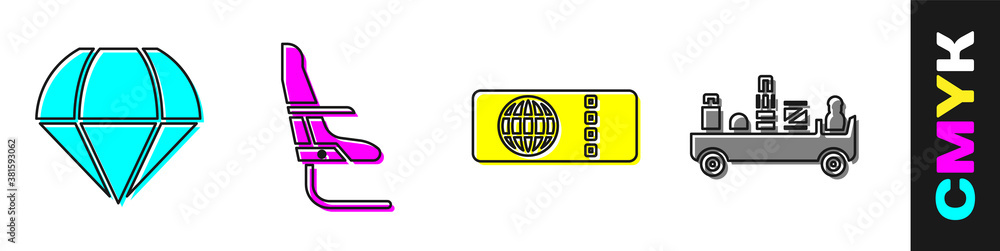 设置降落伞、飞机座椅、机票和机场行李牵引车图标。矢量。