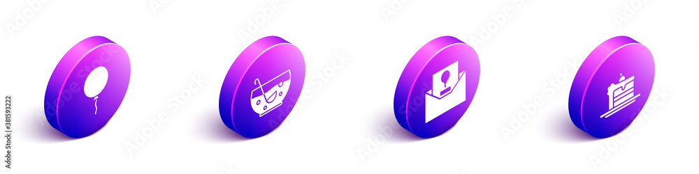 Set Isometric Balloon with ribbon, Mixed punch in bowl, Invitation and Cake icon. Vector.