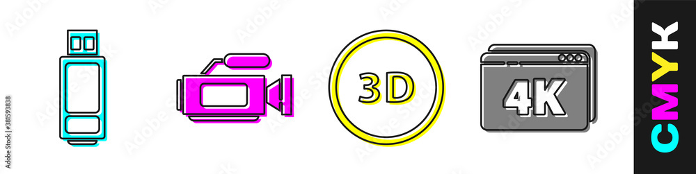 设置USB闪存驱动器、电影摄像机、3D单词和在线播放视频，并带有4k图标。矢量。