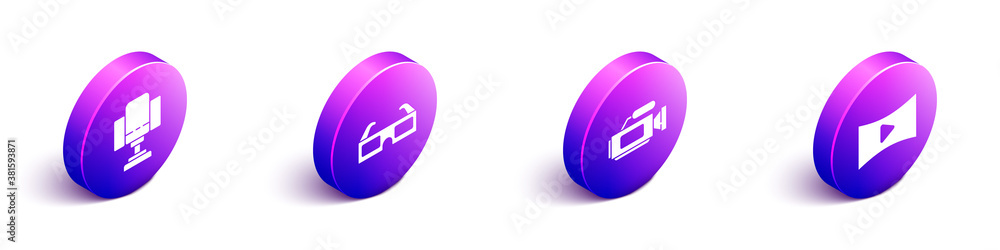 Set Isometric Director movie chair, 3D cinema glasses, Cinema camera and Online play video icon. Vec