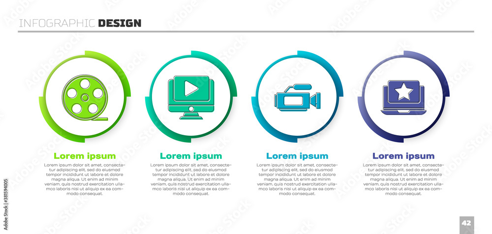 Set Film reel, Online play video, Cinema camera and Laptop with star. Business infographic template.