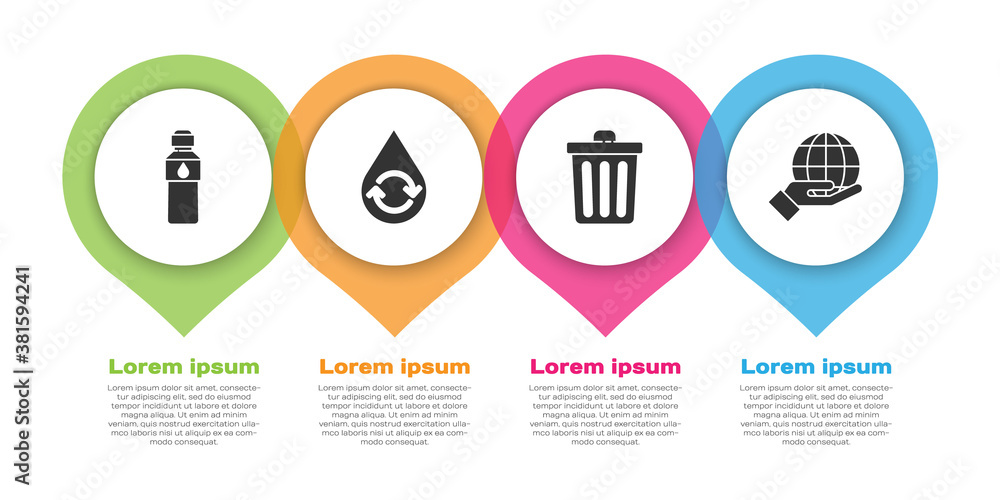 Set Bottle of water, Recycle clean aqua, Trash can and Hand holding Earth globe. Business infographi