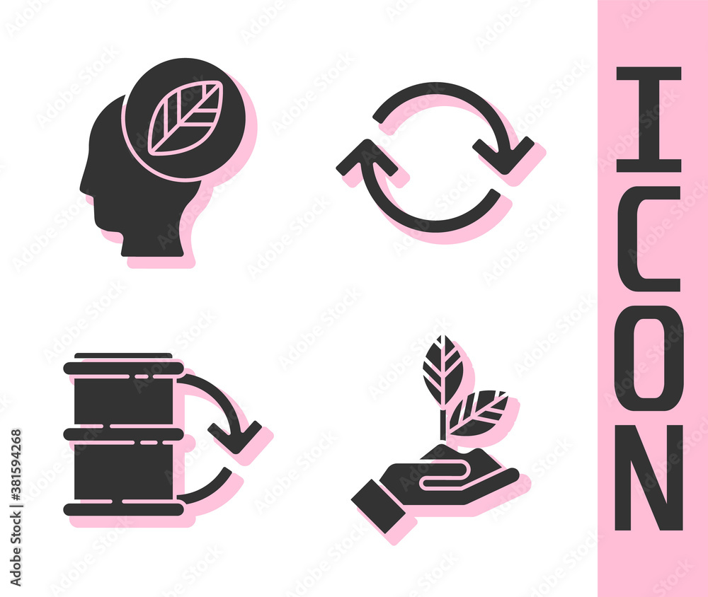 Set Plant in hand, Human head with leaf inside, Eco fuel barrel and Refresh icon. Vector.