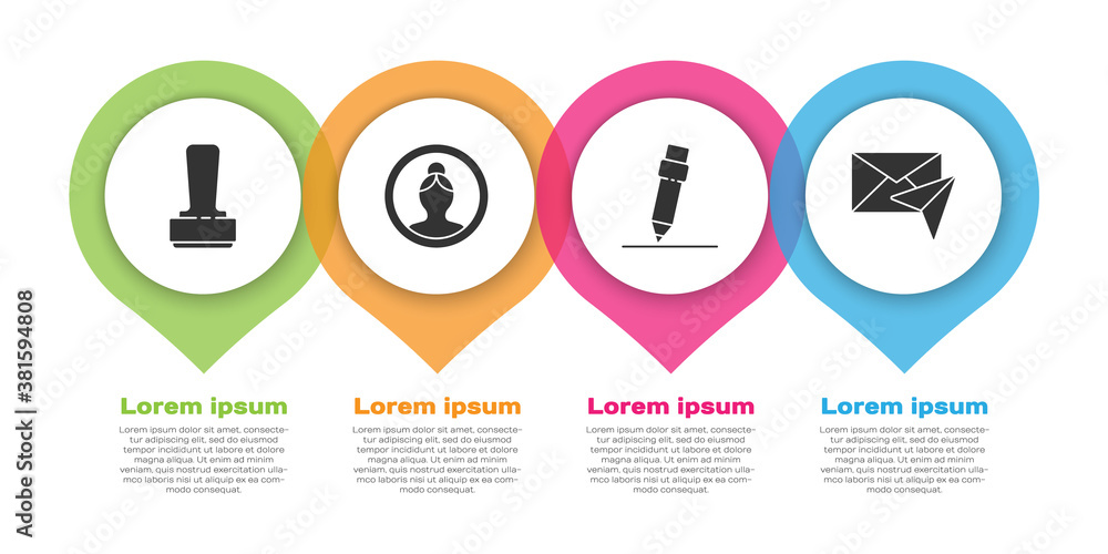 Set Stamp, Create account screen, Pencil with eraser and Envelope. Business infographic template. Ve