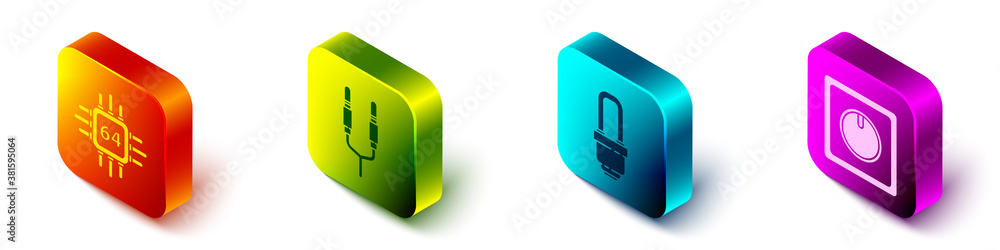 Set Isometric Processor with microcircuits CPU, Audio jack, LED light bulb and Electric light switch