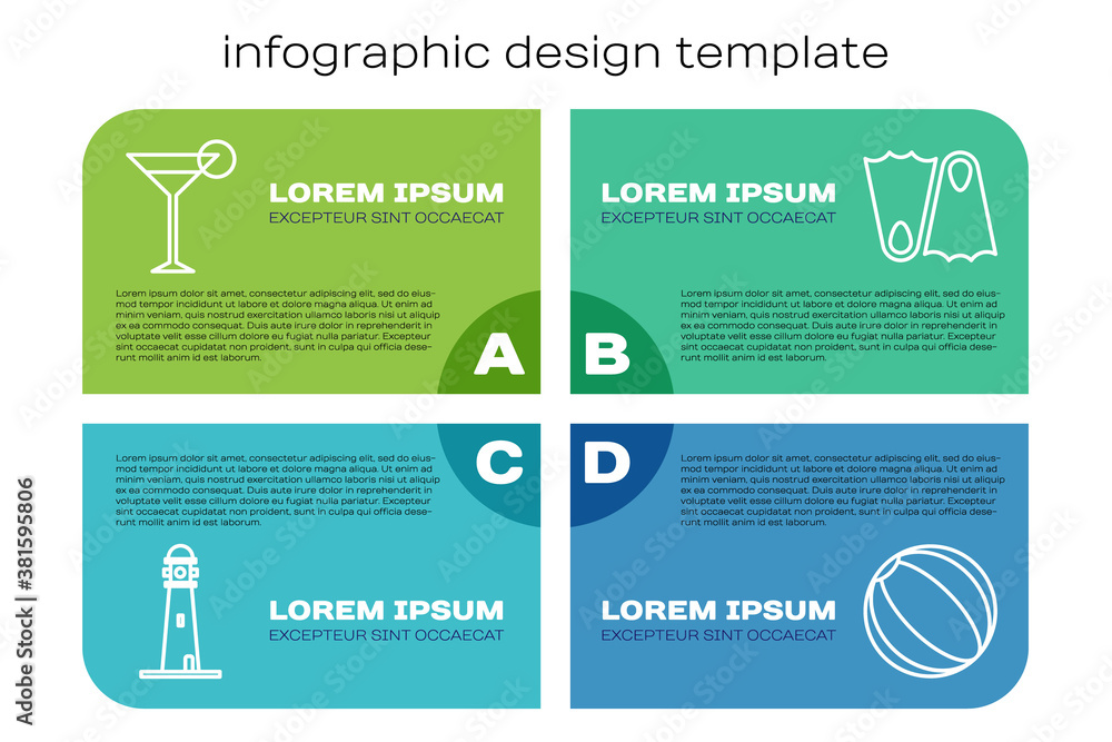 Set line Lighthouse, Martini glass, Beach ball and Rubber flippers. Business infographic template. V