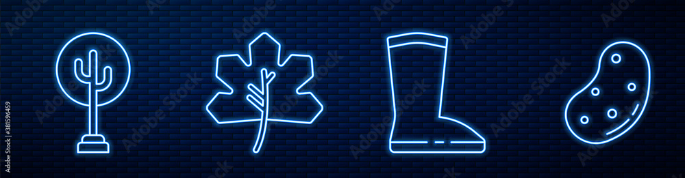 Set line Waterproof rubber boot, Tree, Leaf or leaves, Potato and Tree. Glowing neon icon on brick w