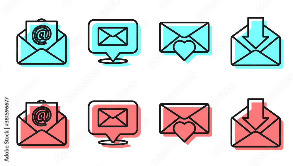 Set line Envelope with Valentine heart, Mail and e-mail, Speech bubble with envelope and Envelope ic