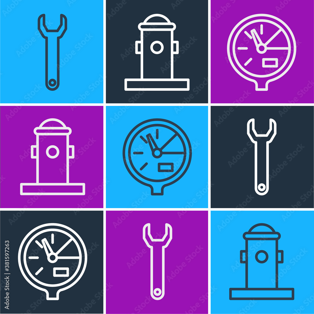 Set line Wrench spanner, Water meter and Fire hydrant icon. Vector.