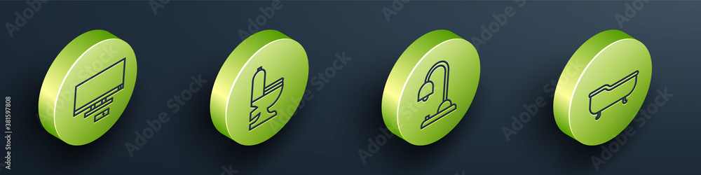 Set Isometric Smart Tv, Toilet bowl, Table lamp and Bathtub icon. Vector.