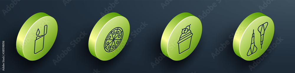 Set Isometric Lighter, Pizza, Cake and Dart arrow icon. Vector.