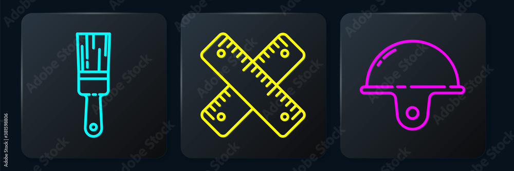 Set line Paint brush, Worker safety helmet and Crossed ruler. Black square button. Vector.