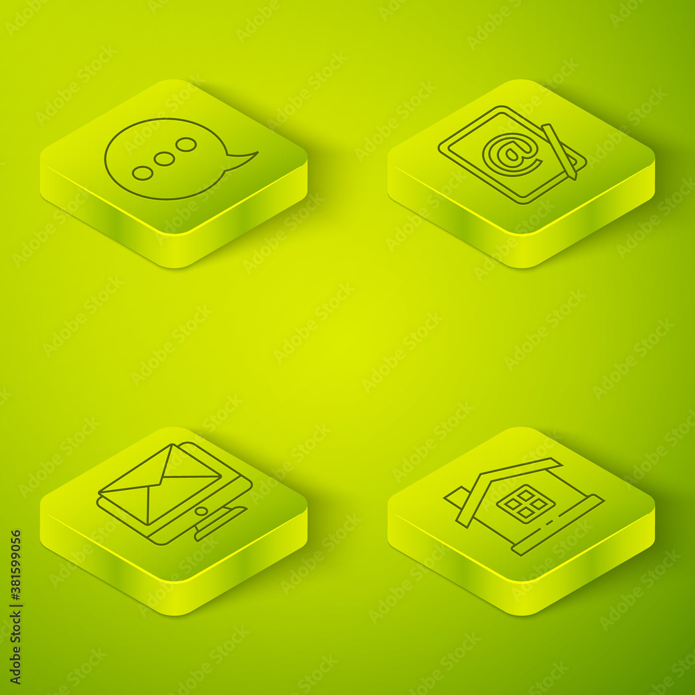 Set Isometric Mail and e-mail, Monitor and envelope, House and Speech bubble chat icon. Vector.